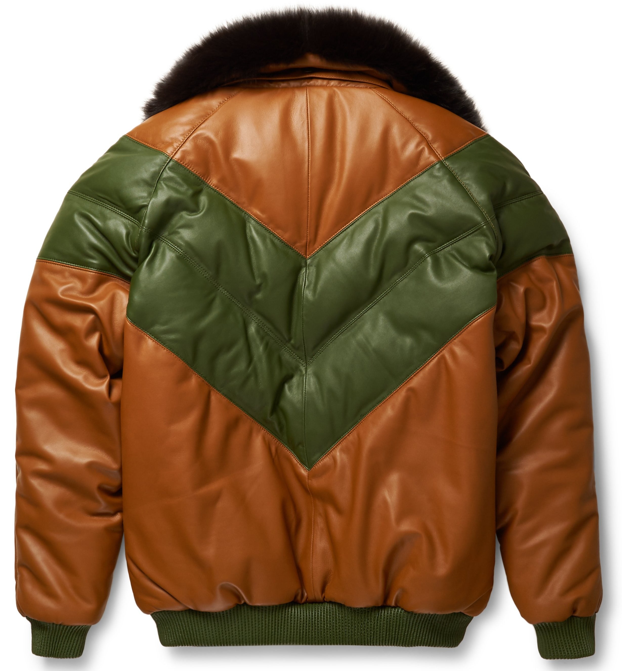 Stylish Brown & Green Leather V-Bomber Jacket for a Chic Look