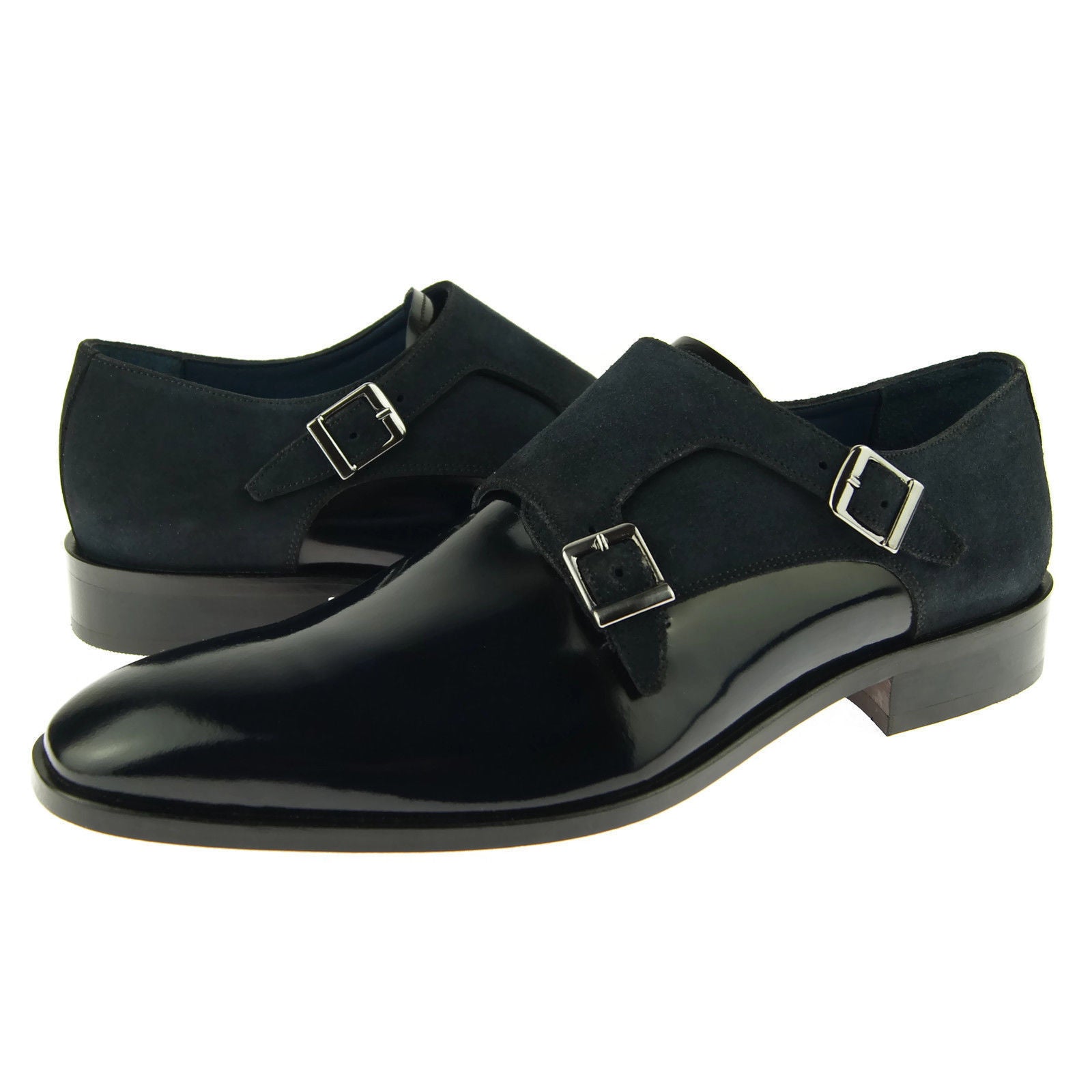 Genuine Leather Black Rounded Toe Double Buckle Straps Monk Party Wear Men Shoes