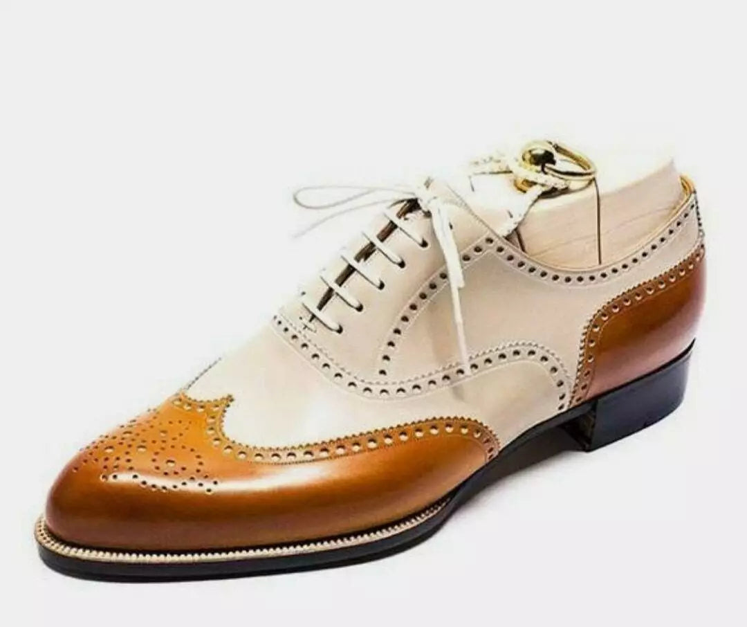 Handmade two tone Tan and cream leather Oxford Brogue Shoe, Men's Dress Up shoe