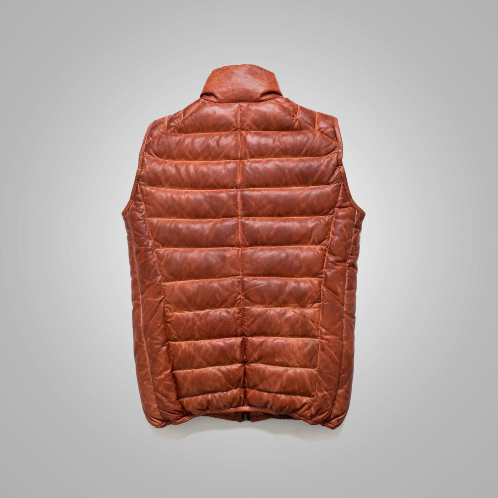 Brown Mens Shearling Bubble Leather Down Vest