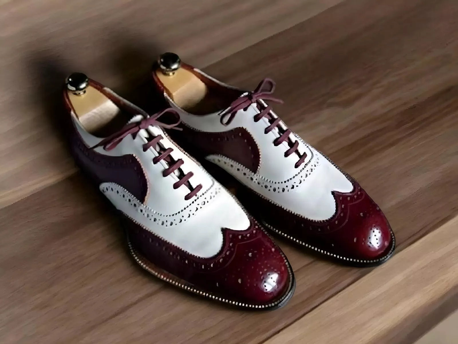 Men's New Handmade White, Burgundy Leather Oxford Wingtip Brogue Lace Up Shoes