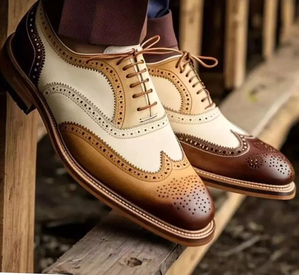 Men’s Handmade Brown & Beige Leather Wingtip Brogue Oxford Dress Shoes – Lace-Up