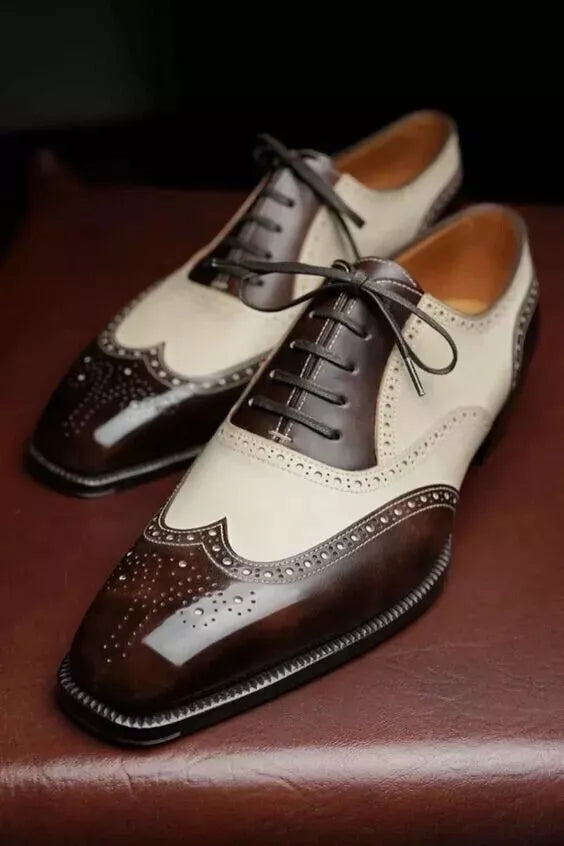 Handmade Men's Cream Brown Leather Oxford Wingtip Brogue Lace Up Dress Shoes