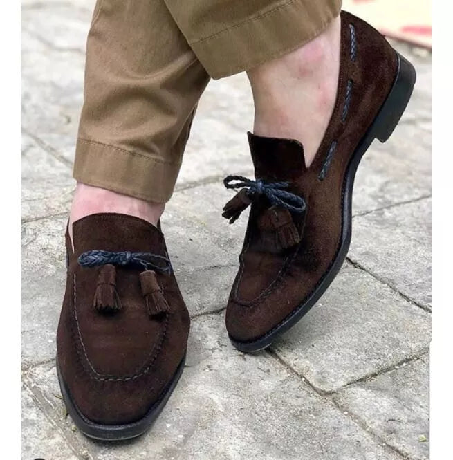 Handmade Chocolate Brown Suede Shoes, Men Tassel Moccasin Shoes