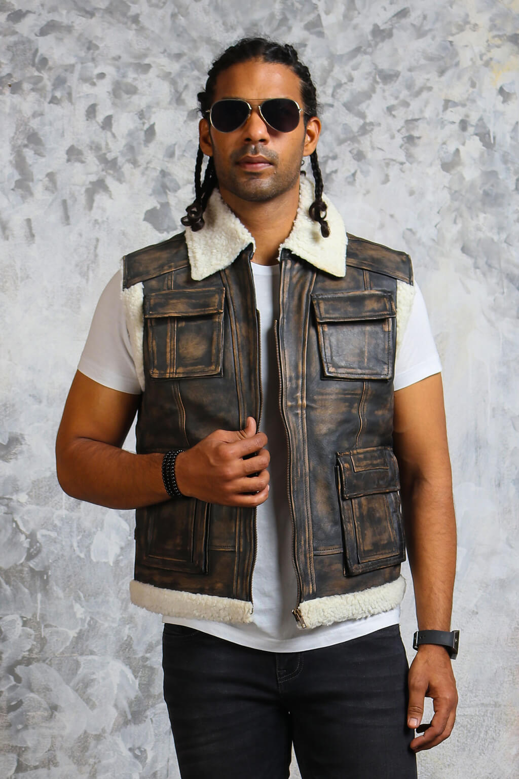 Dark Brown Leather Vest With Fur Collar