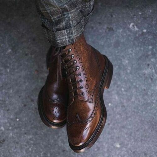 Handmade Men's Brown wingtip brogue leather dress boots, Men brown ankle boots