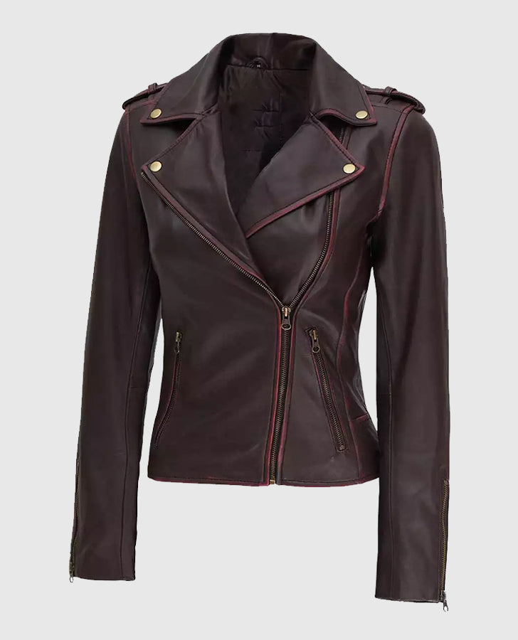 Women's Brown Asymmetrical Leather Motorcycle Jacket