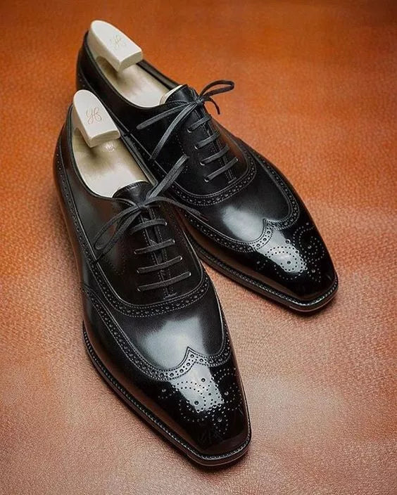 Handmade Men Black Leather Wingtip Brogue Shoes, Formal Dress Shoes