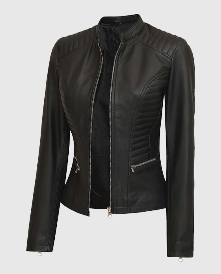 Women's Rachel Petite Black Cafe Racer Leather Jacket