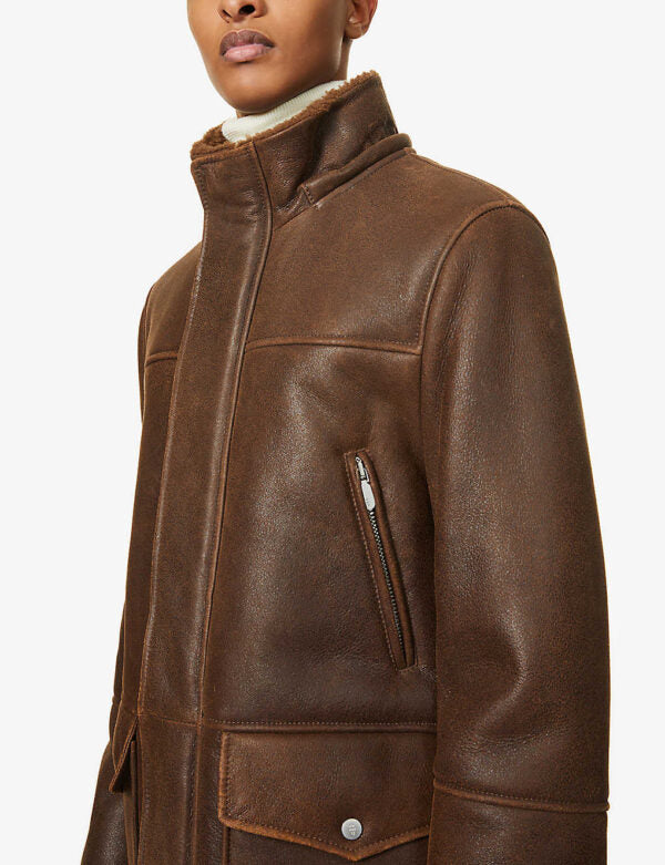 Men’s Removable Hooded Brown Leather Shearling Trench Coat - Kualited