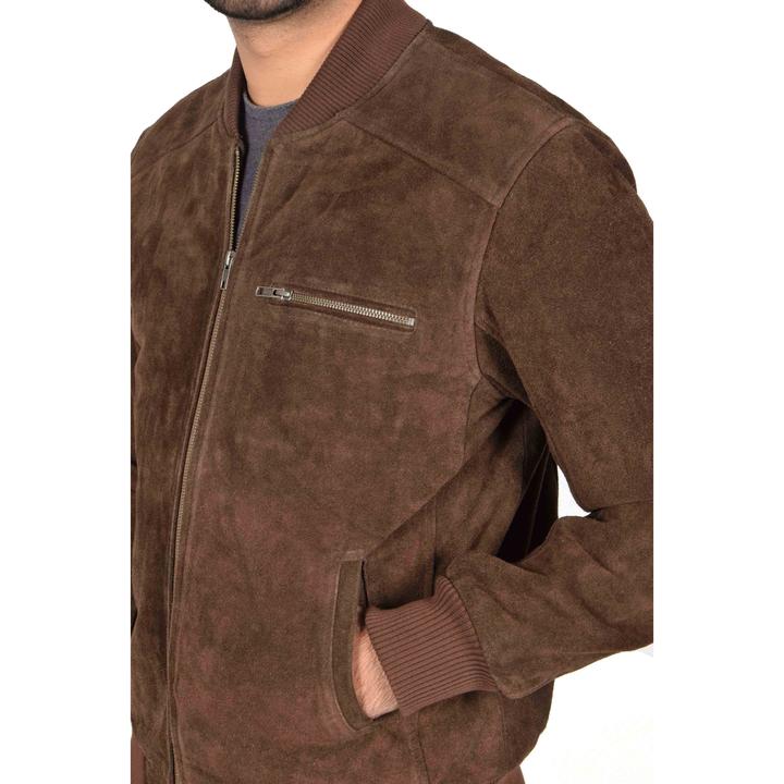 Suede Leather Bomber Jacket Chocolate Brown For Men - Kualited