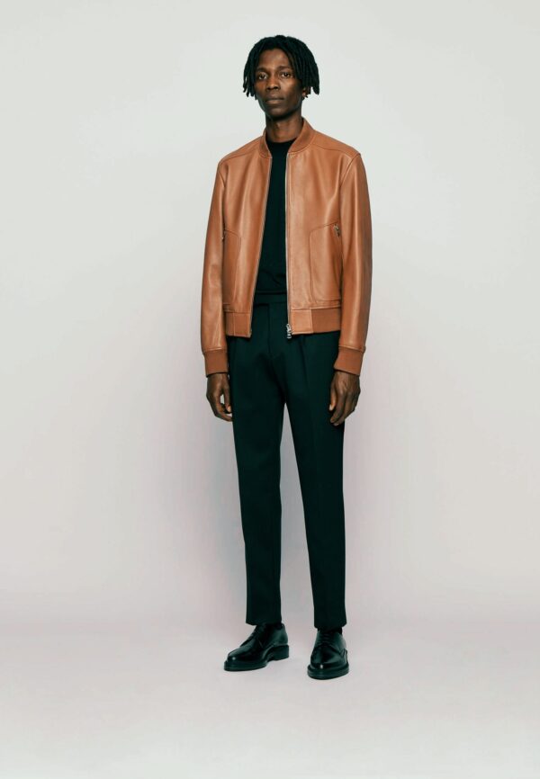 Men’s Tan Brown Leather Bomber Jacket - Kualited