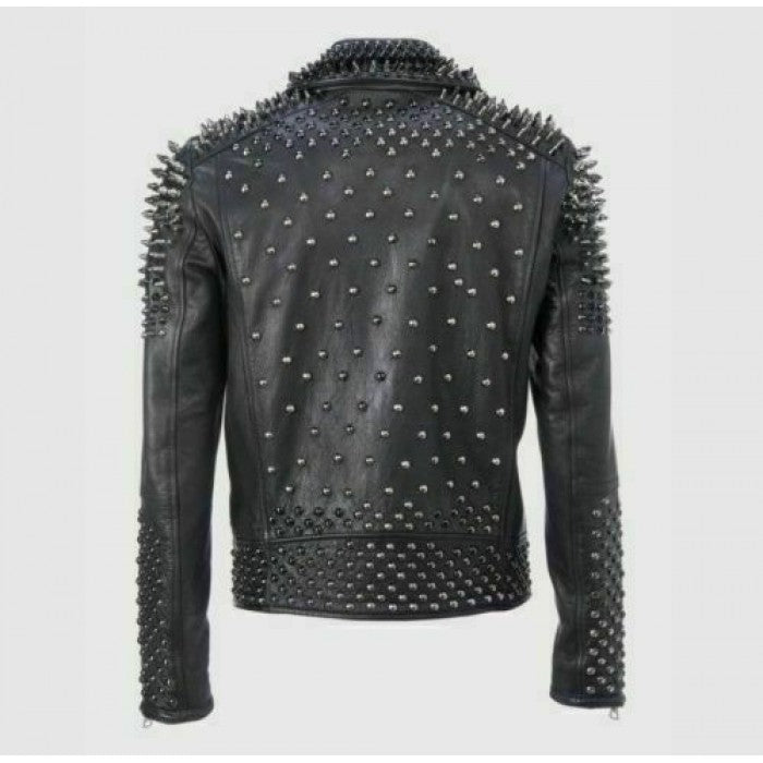 Men's studded black leather biker jacket with spikes and punk style