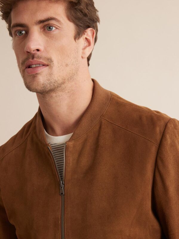 Men’s Tan Brown Suede Leather Bomber Jacket - Kualited