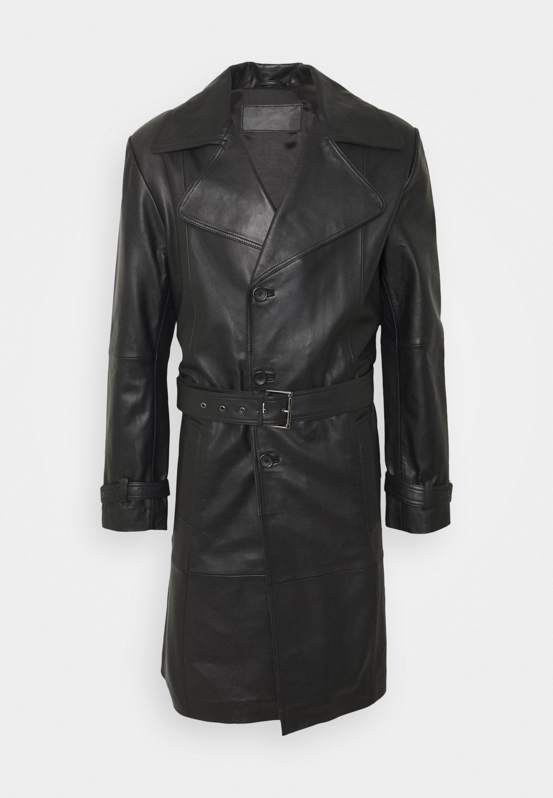 Men’s Black Leather Button Downed Trench Coat - Kualited