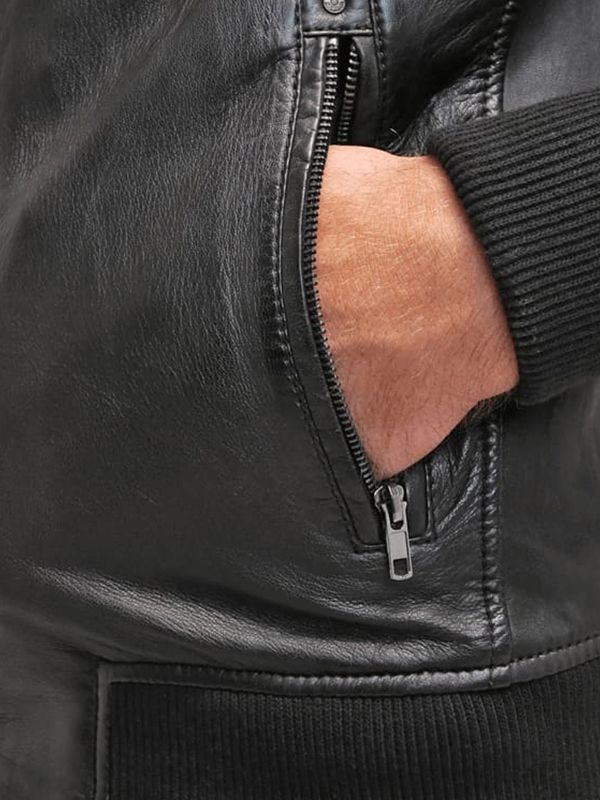 Men’s Black Leather Hooded Bomber Jacket - Kualited