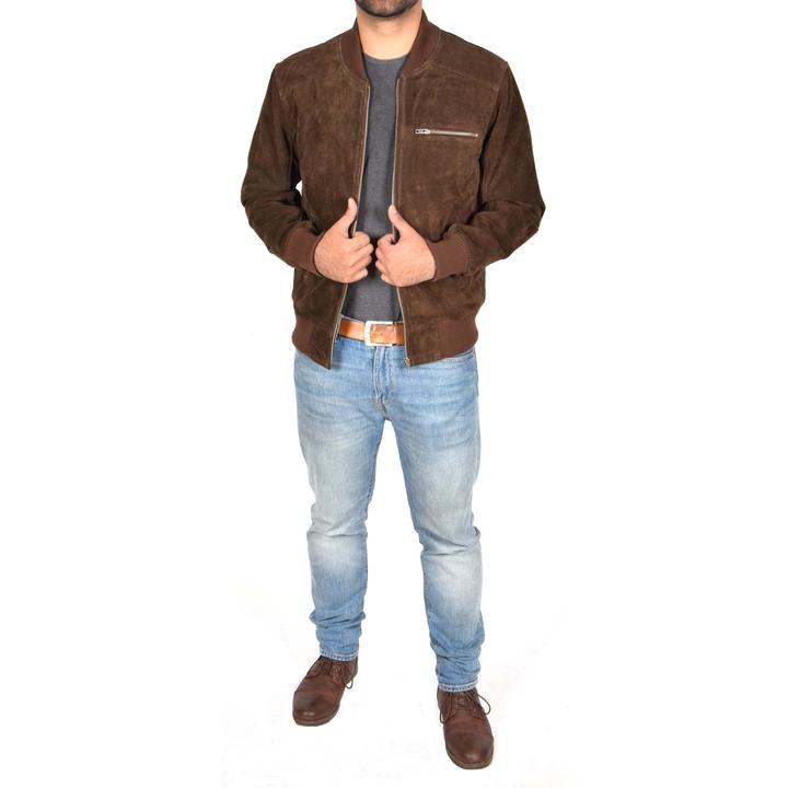 Suede Leather Bomber Jacket Chocolate Brown For Men - Kualited