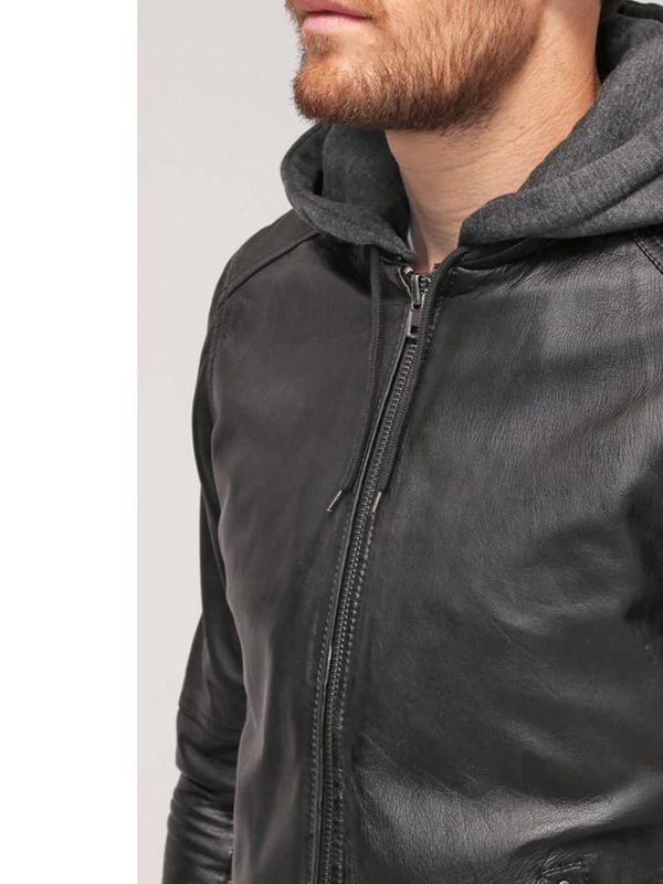 Men’s Black Leather Hooded Bomber Jacket - Kualited