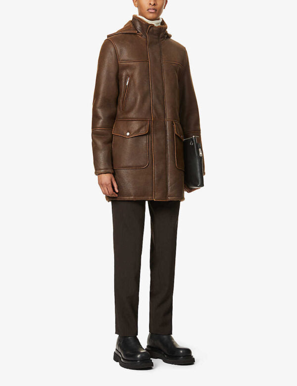 Men’s Removable Hooded Brown Leather Shearling Trench Coat - Kualited