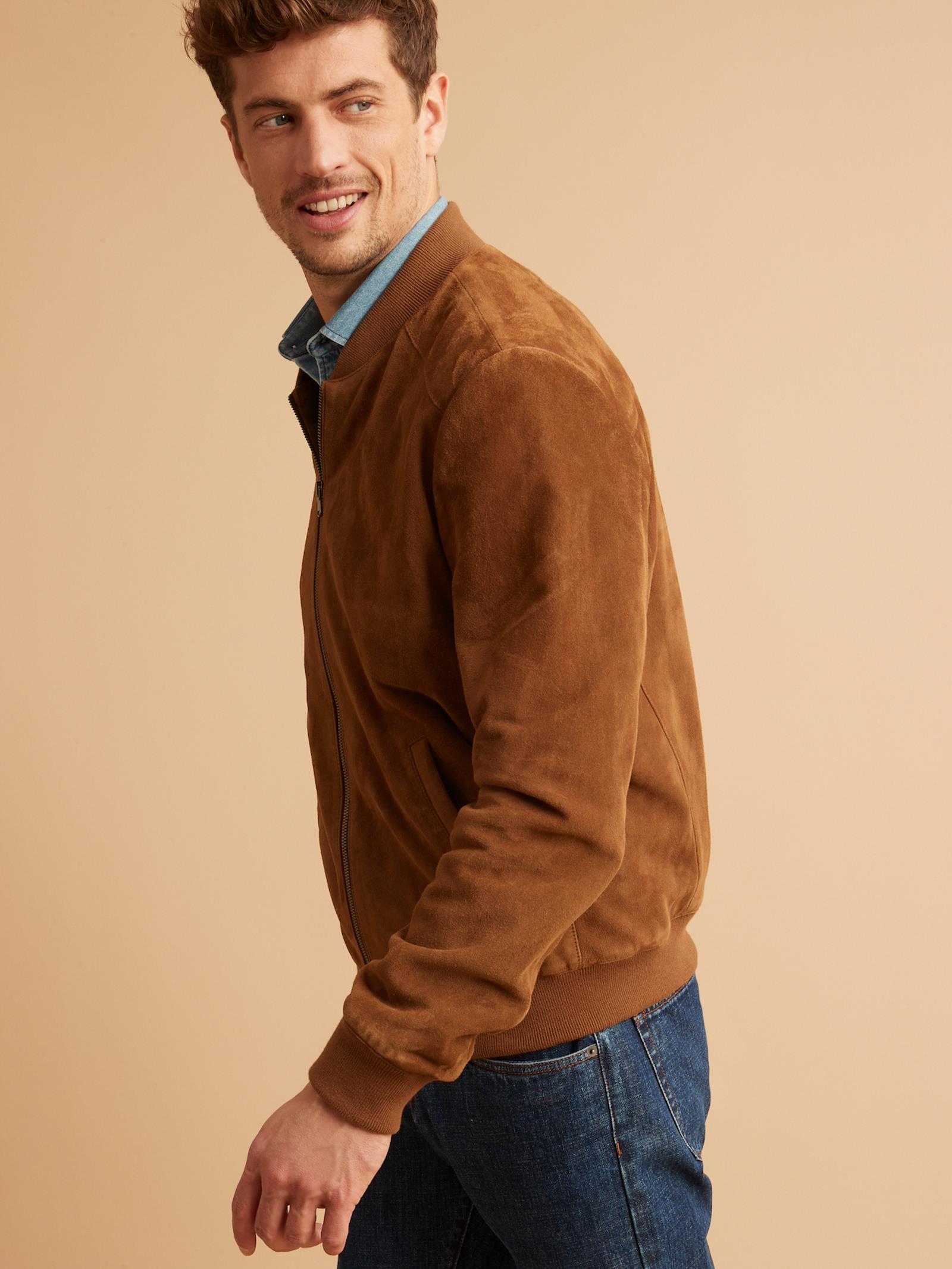 Men’s Tan Brown Suede Leather Bomber Jacket - Kualited