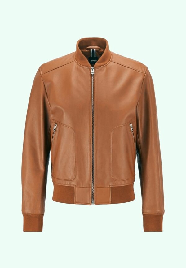 Men’s Tan Brown Leather Bomber Jacket - Kualited