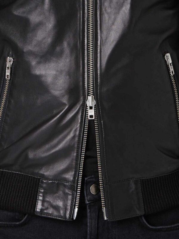 Men’s Black Leather Bomber Jacket Double Zipper - Kualited