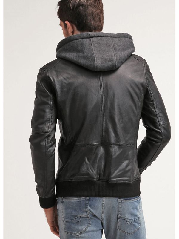 Men’s Black Leather Hooded Bomber Jacket - Kualited