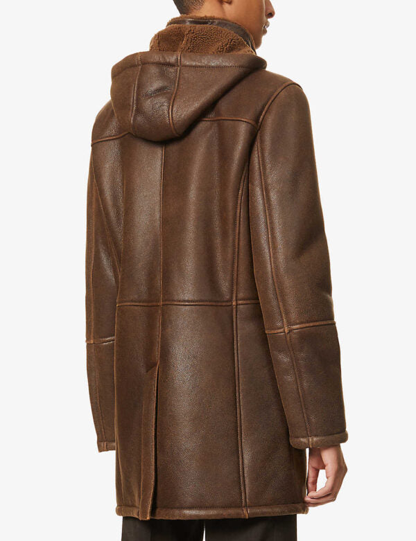 Men’s Removable Hooded Brown Leather Shearling Trench Coat - Kualited