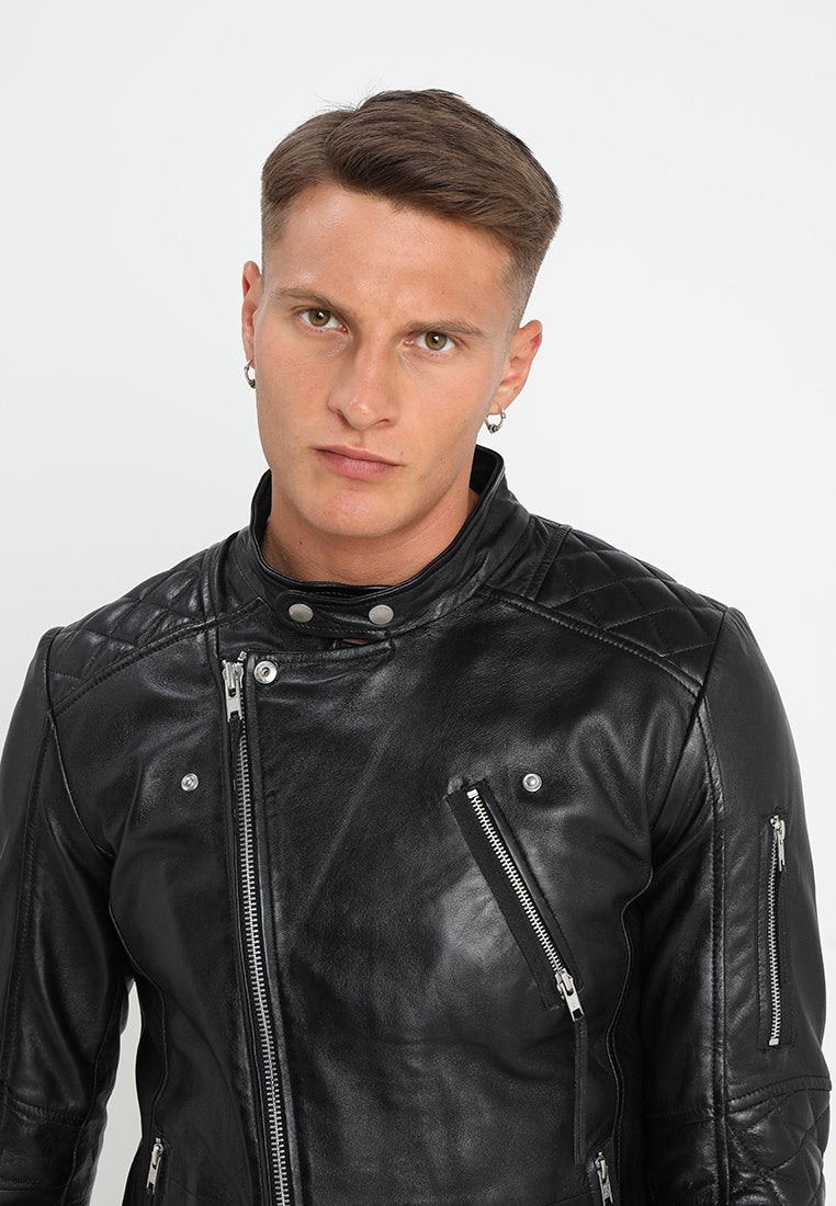 Men’s Black Leather Biker Jacket - Kualited