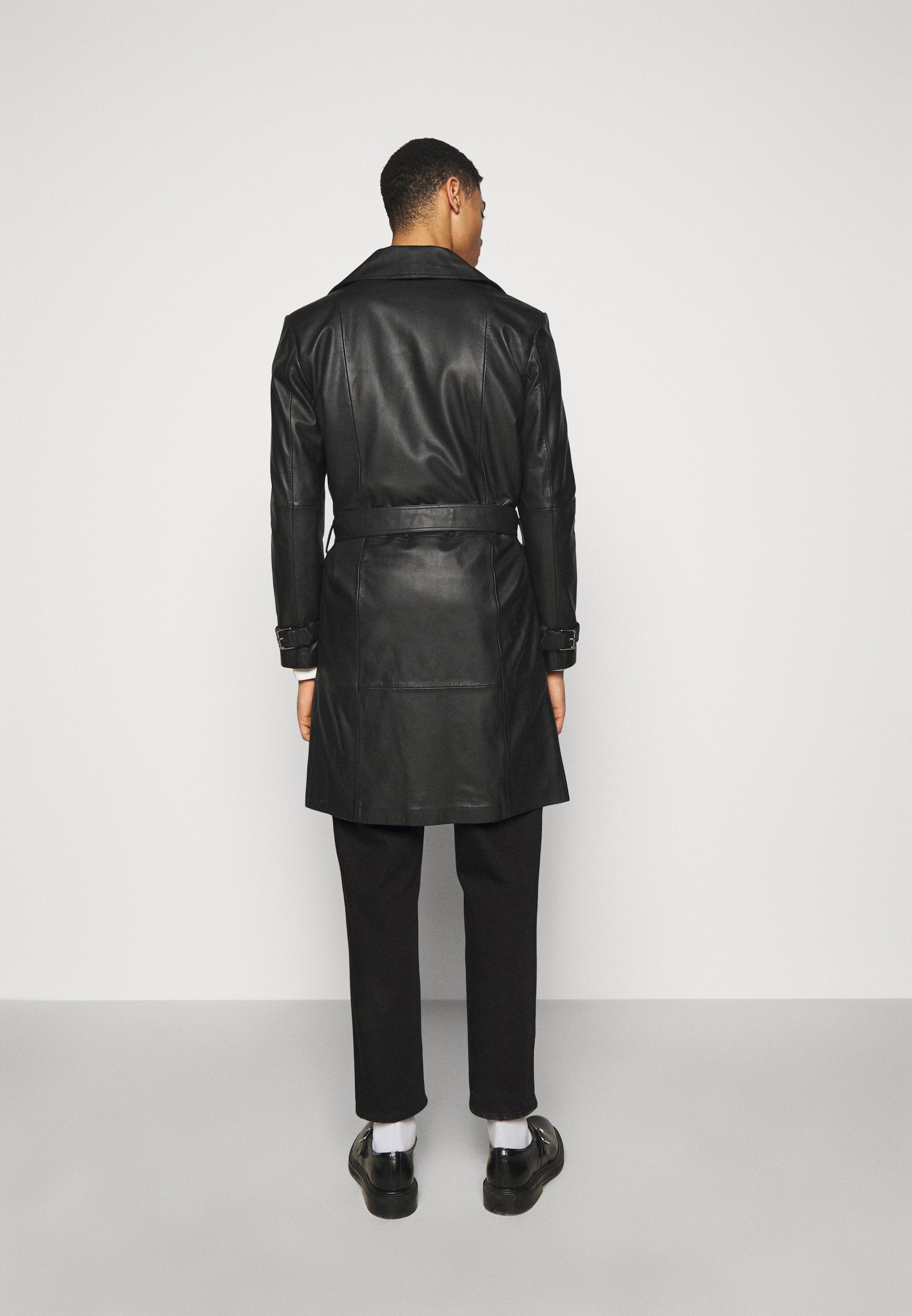 Men’s Black Leather Button Downed Trench Coat - Kualited