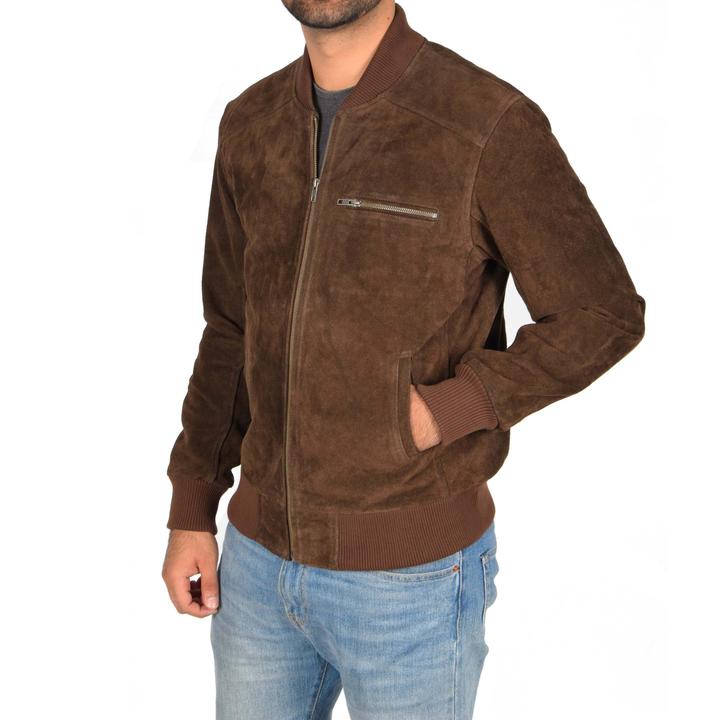 Suede Leather Bomber Jacket Chocolate Brown For Men - Kualited