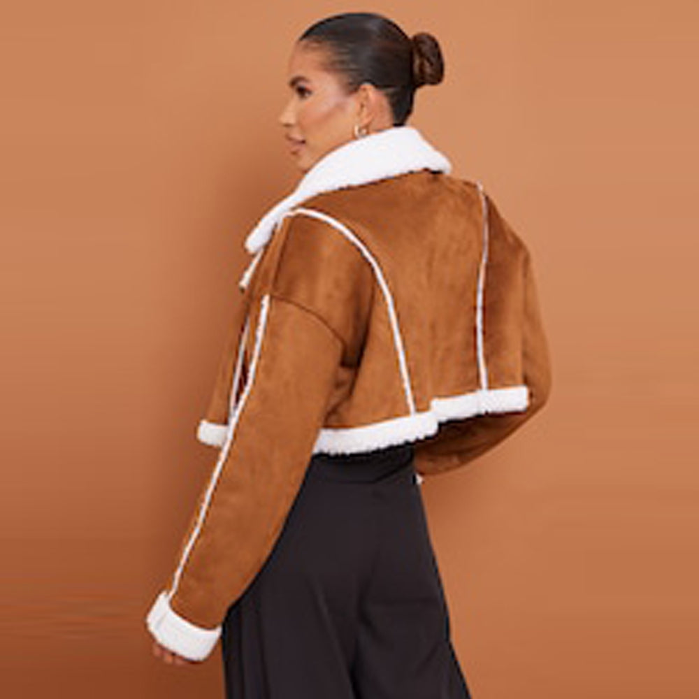 Brown Borg Lined Genuine Suede Super Cropped Aviator Jacket