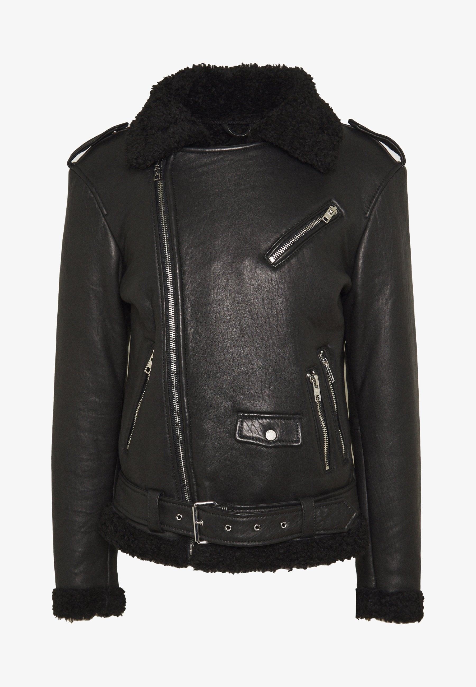 Men’s Black Leather Black Shearling Biker Jacket - Kualited