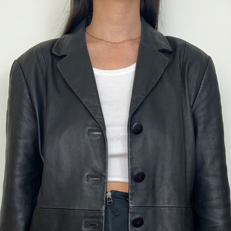 Vintage Black Real Leather Blazer Jacket