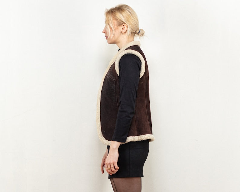 Shearling Vest vintage 70s women brown