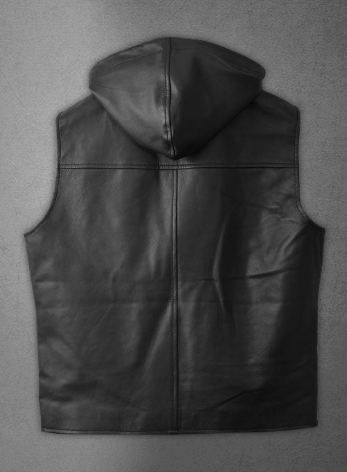 Men’s Black Leather Biker Hooded Vest - Kualited