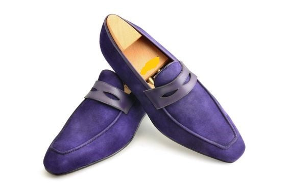 Purple Apron Toe Handmade Suede Leather Moccasin Loafer Slip Ons Men Shoes