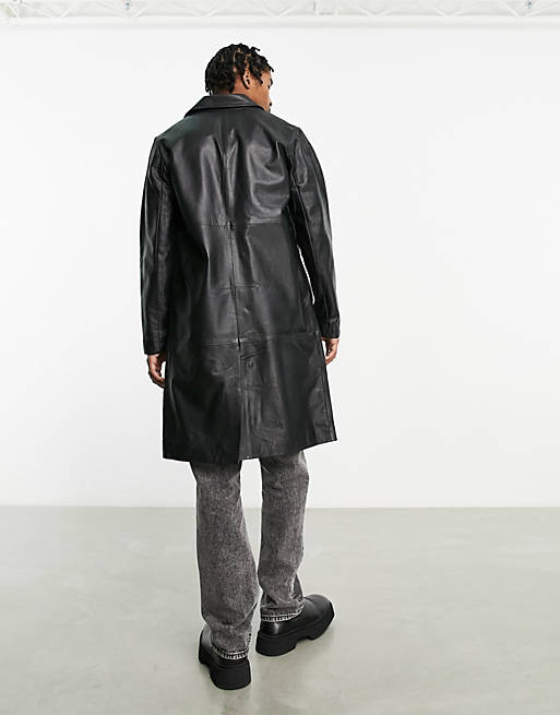 Real leather trench coat in black