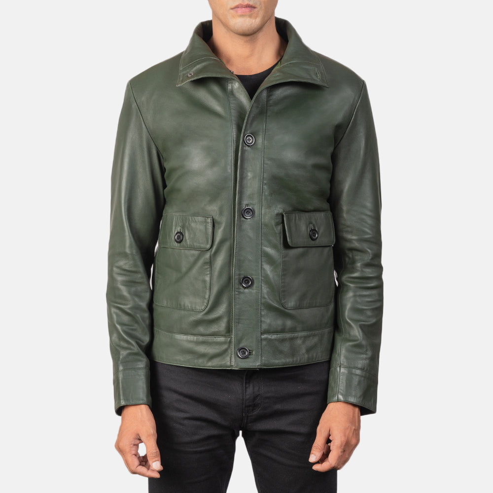 Columbus Green Leather Bomber Jacket - Kualited