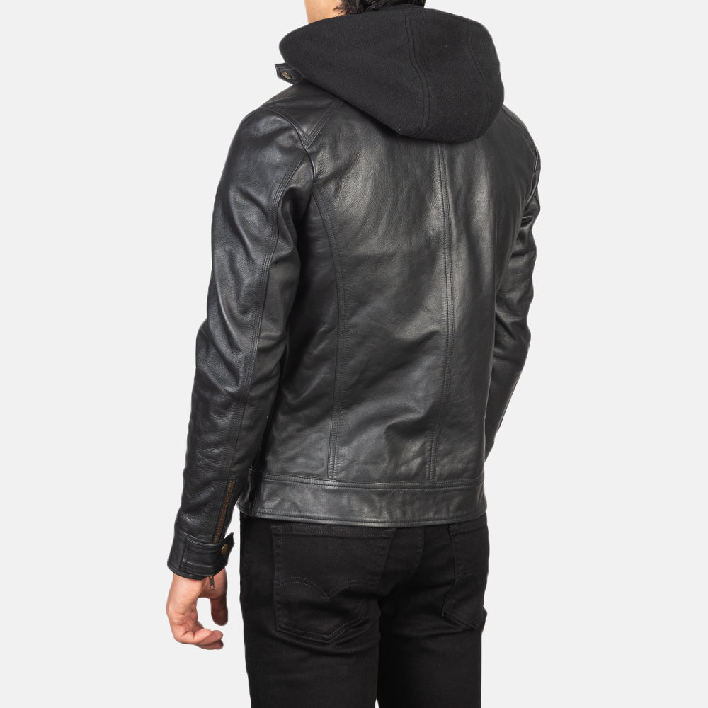 Hector Black Hooded Leather Biker Jacket - Kualited