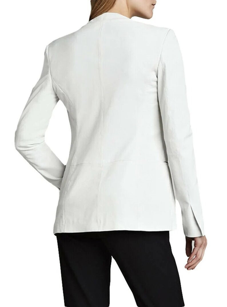 Women White Genuine Leather Blazer