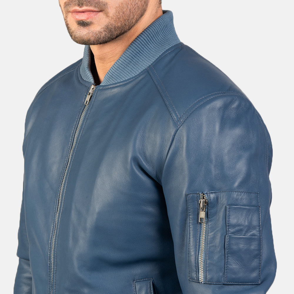 Bomia Ma-1 Blue Leather Bomber Jacket - Kualited