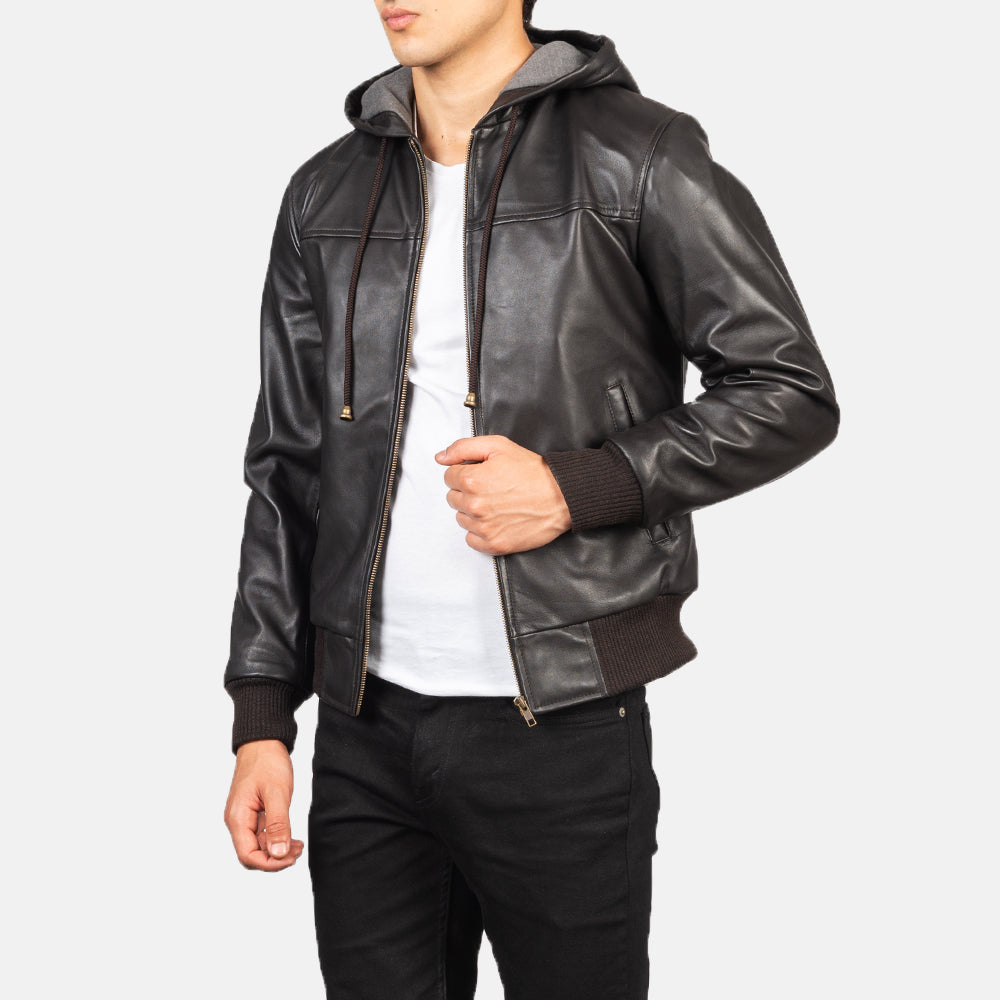 Nintenzo Brown Hooded Leather Bomber Jacket