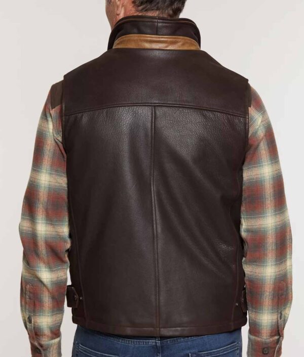 Men’s Dark Brown Leather Vest Removable Shearling Collar - Kualited