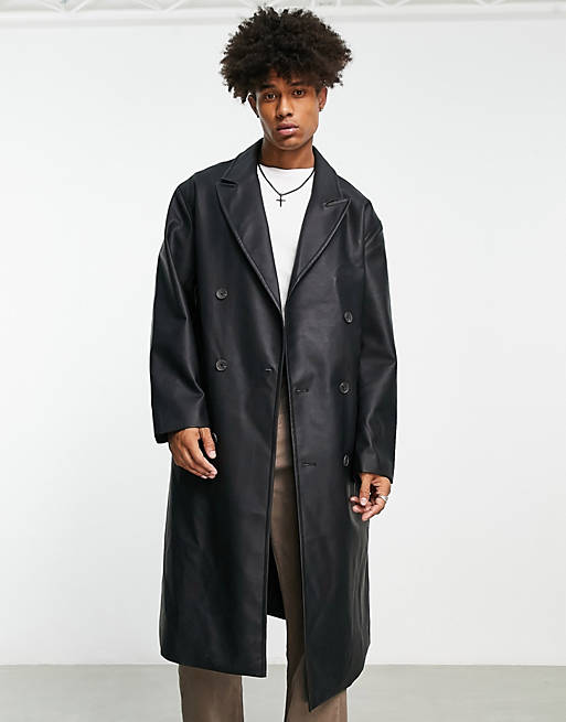 Extreme oversized faux leather overcoat in black