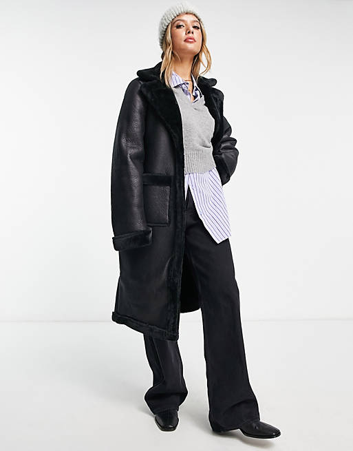 Vila longline faux shearling lined coat in black