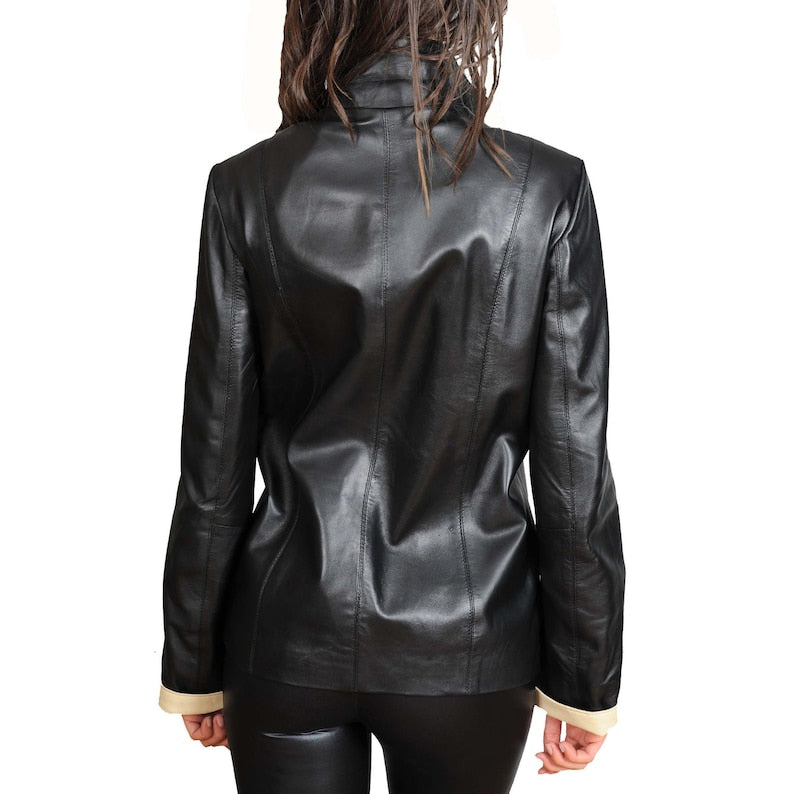 Womens Soft Leather Blazer Beige Black