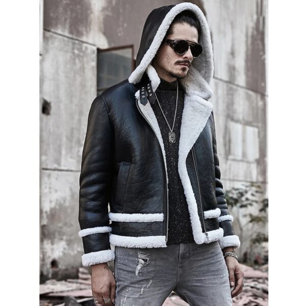 Men’s Aviator Removable Hood Black Leather White Shearling Jacket - Kualited