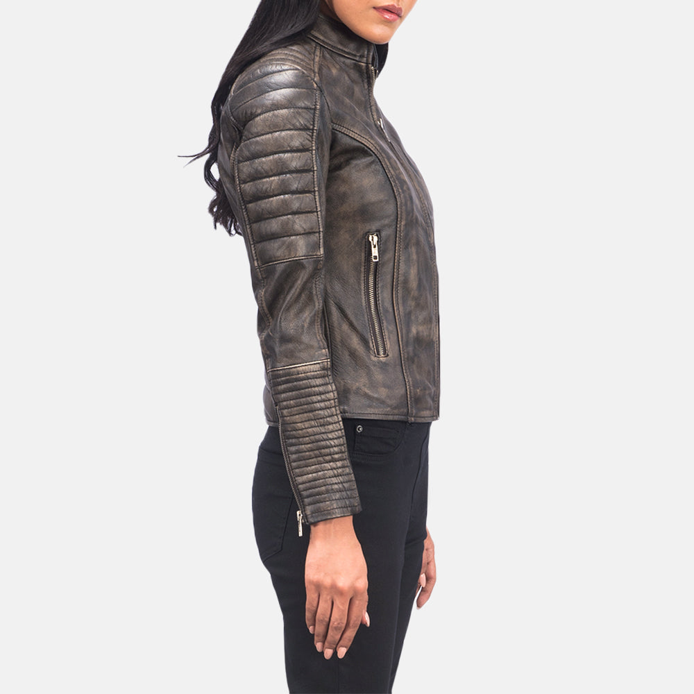 Adalyn Quilted Distressed Brown Leather Biker Jacket - Kualited