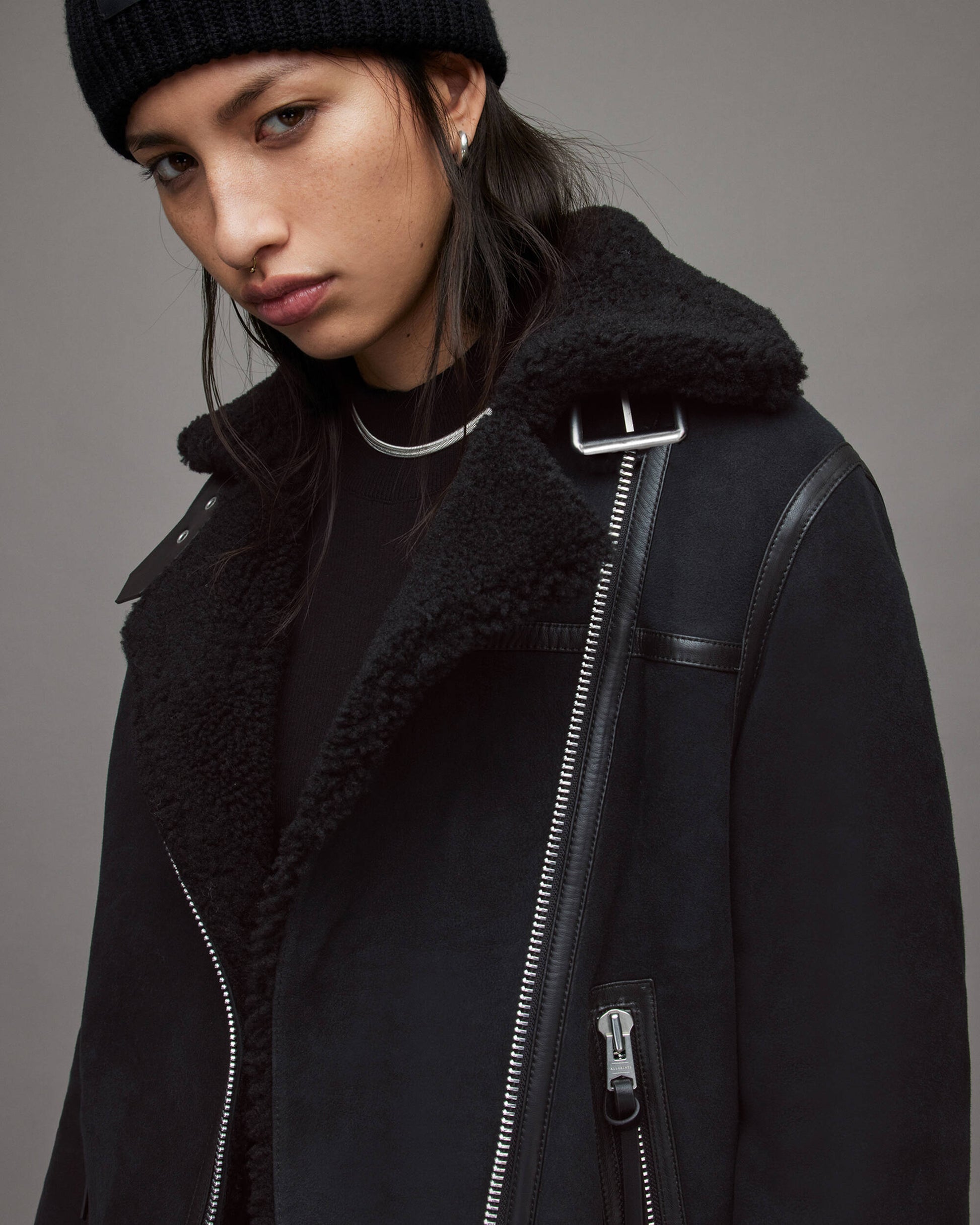 Women's Suede Leather Shearling Biker Jacket In Black